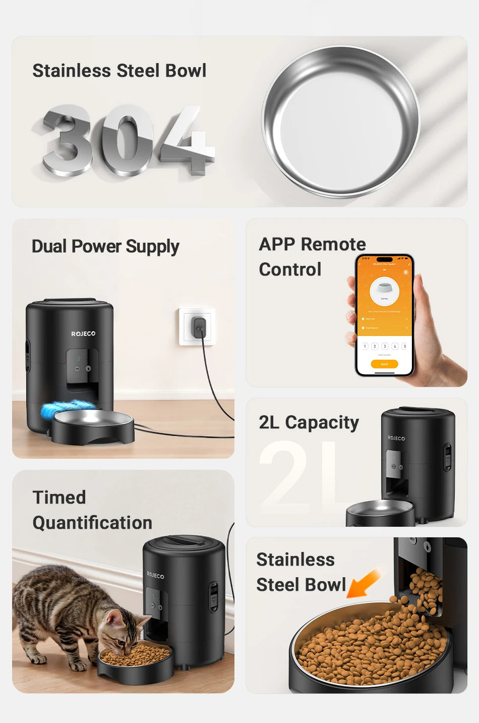 ROJECO Automatic Pet Feeder 2L Smart Cat Food Kibble Dispenser Wi-Fi App Remote Control Auto Dog Feeder For Cat Pet Accessories